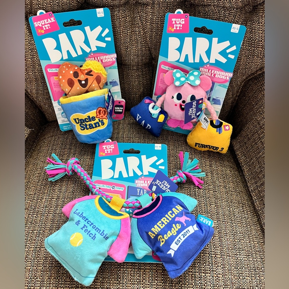 NWT Bark Box Lot of 3 Millennial Mall Theme Dog Toys